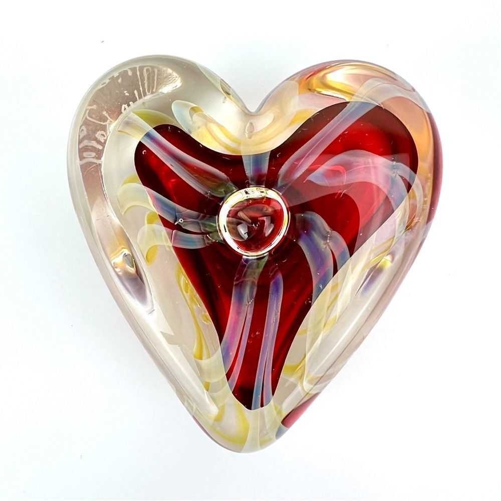 Rollin Karg Handblown Signed Art Glass Red White Swirl Heart Paperweight